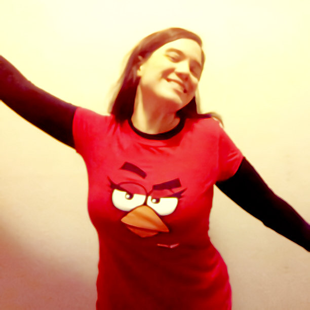 Christina posing in an Angry Birds shirt